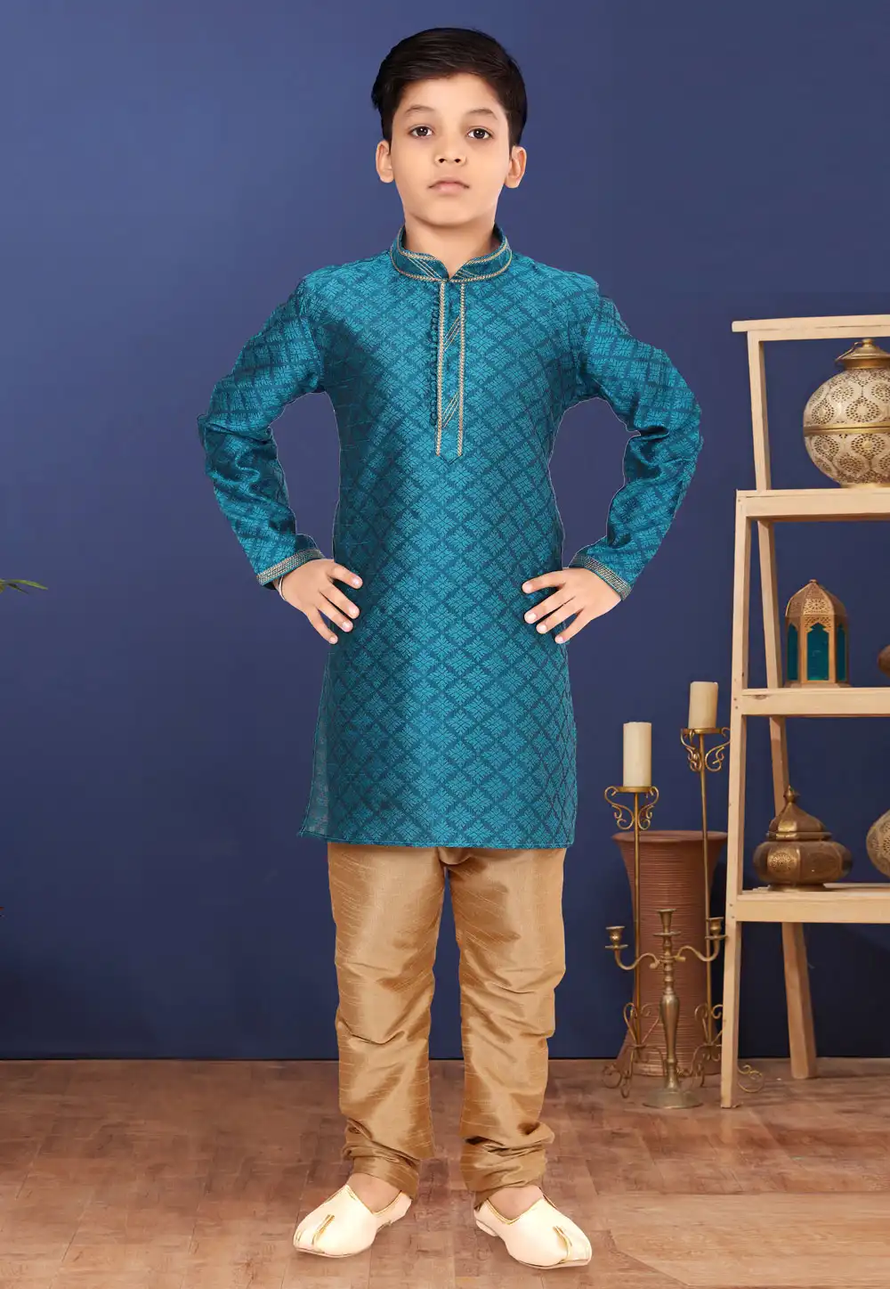 Teal Dupion Kids Kurta Pajama 271952