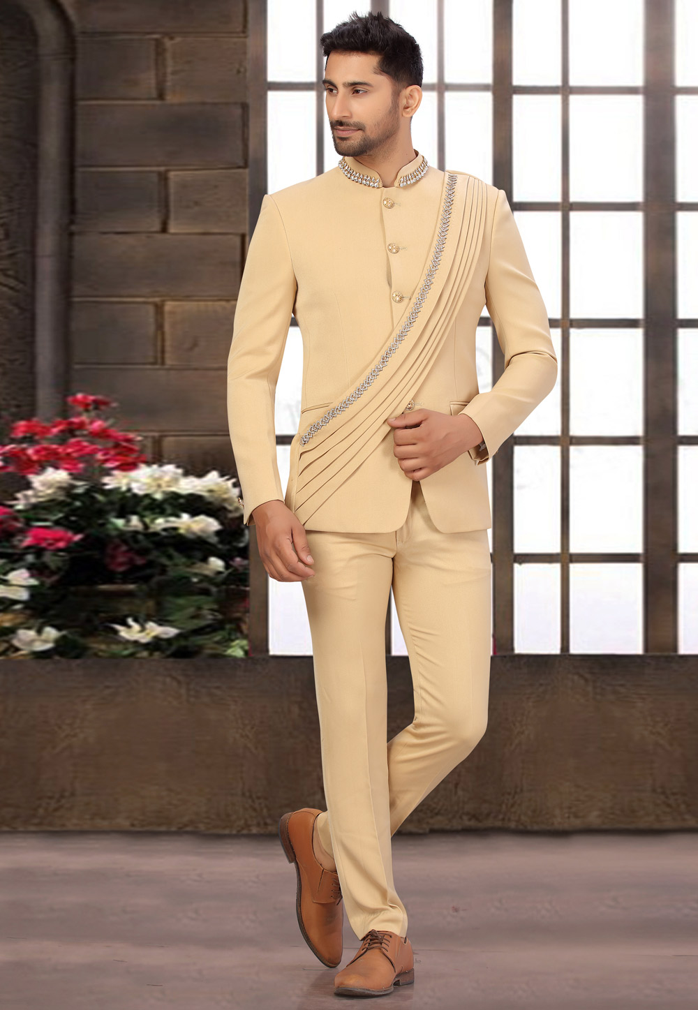 Beige Viscose Jodhpuri Suit 231093