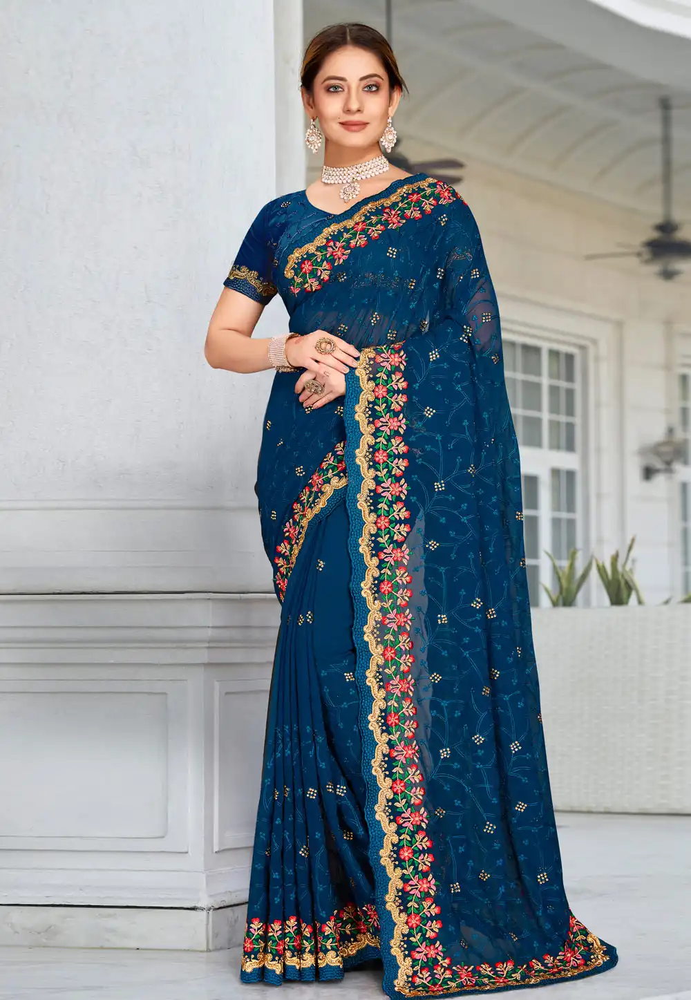 Teal Georgette Saree With Blouse 250507