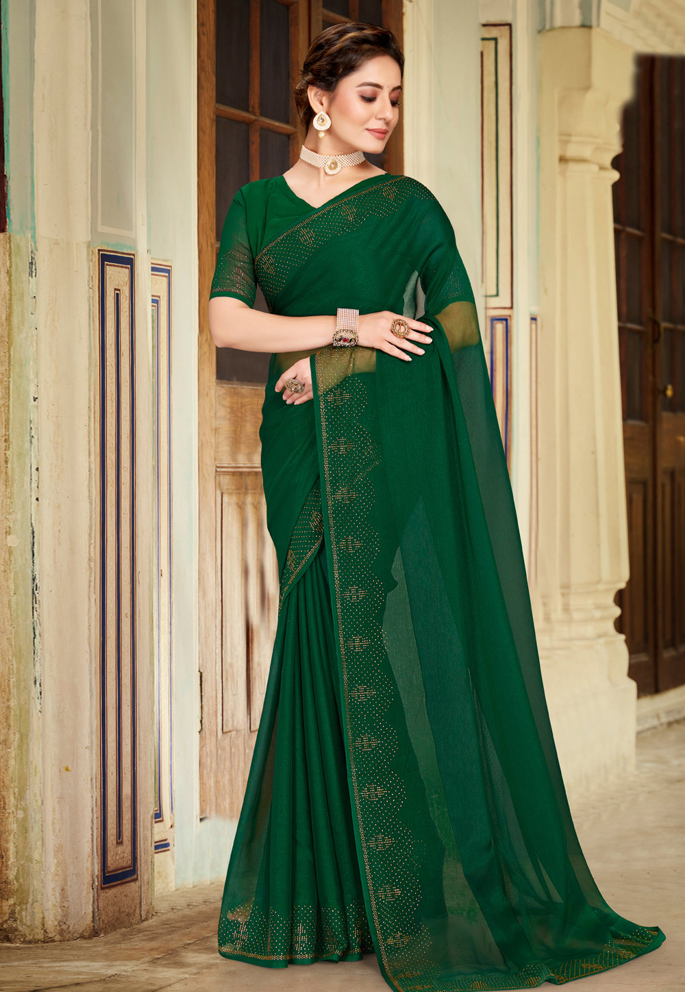 Green Shimmer Chiffon Saree With Blouse 250886
