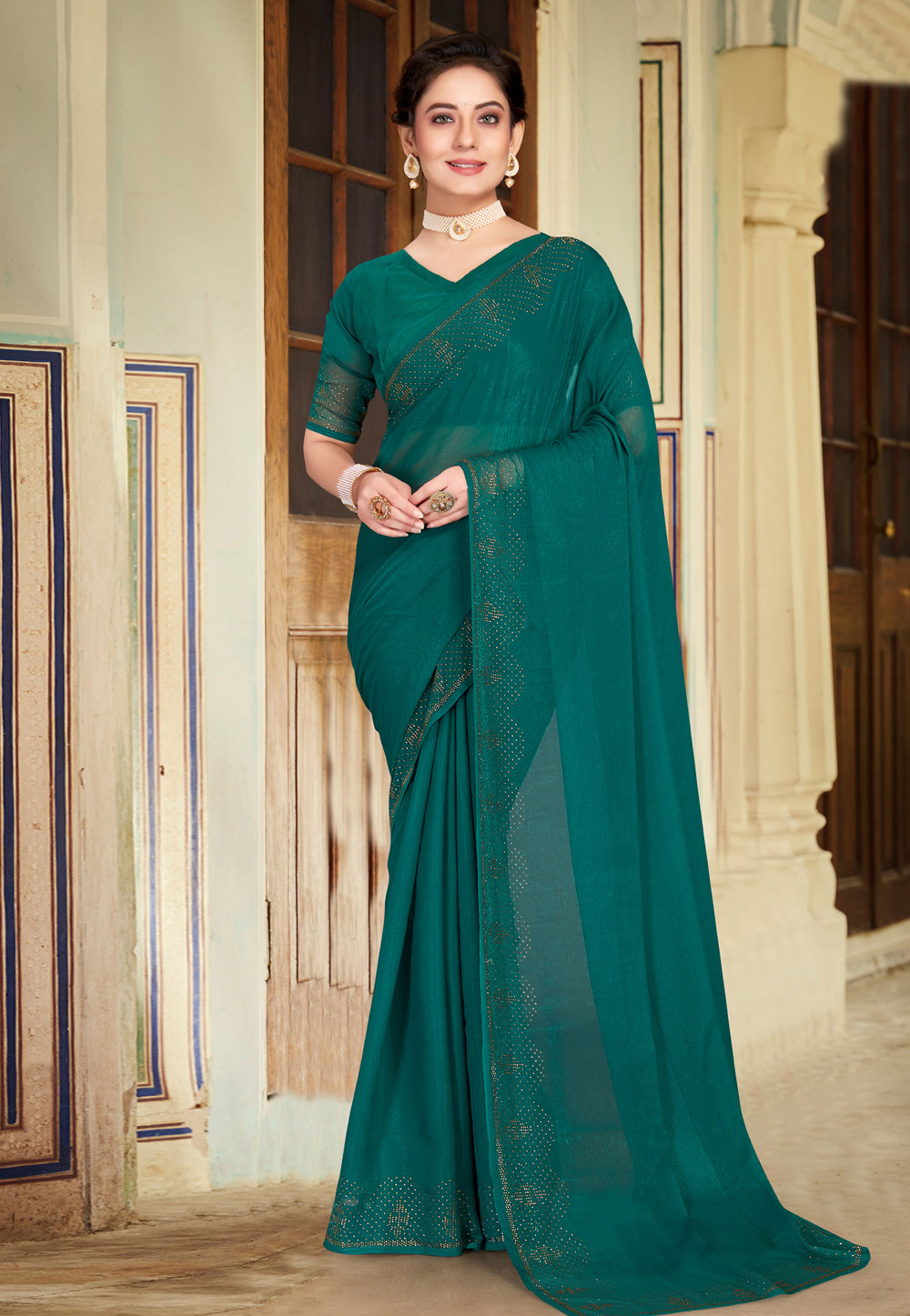 Sea Green Shimmer Chiffon Saree With Blouse 250887