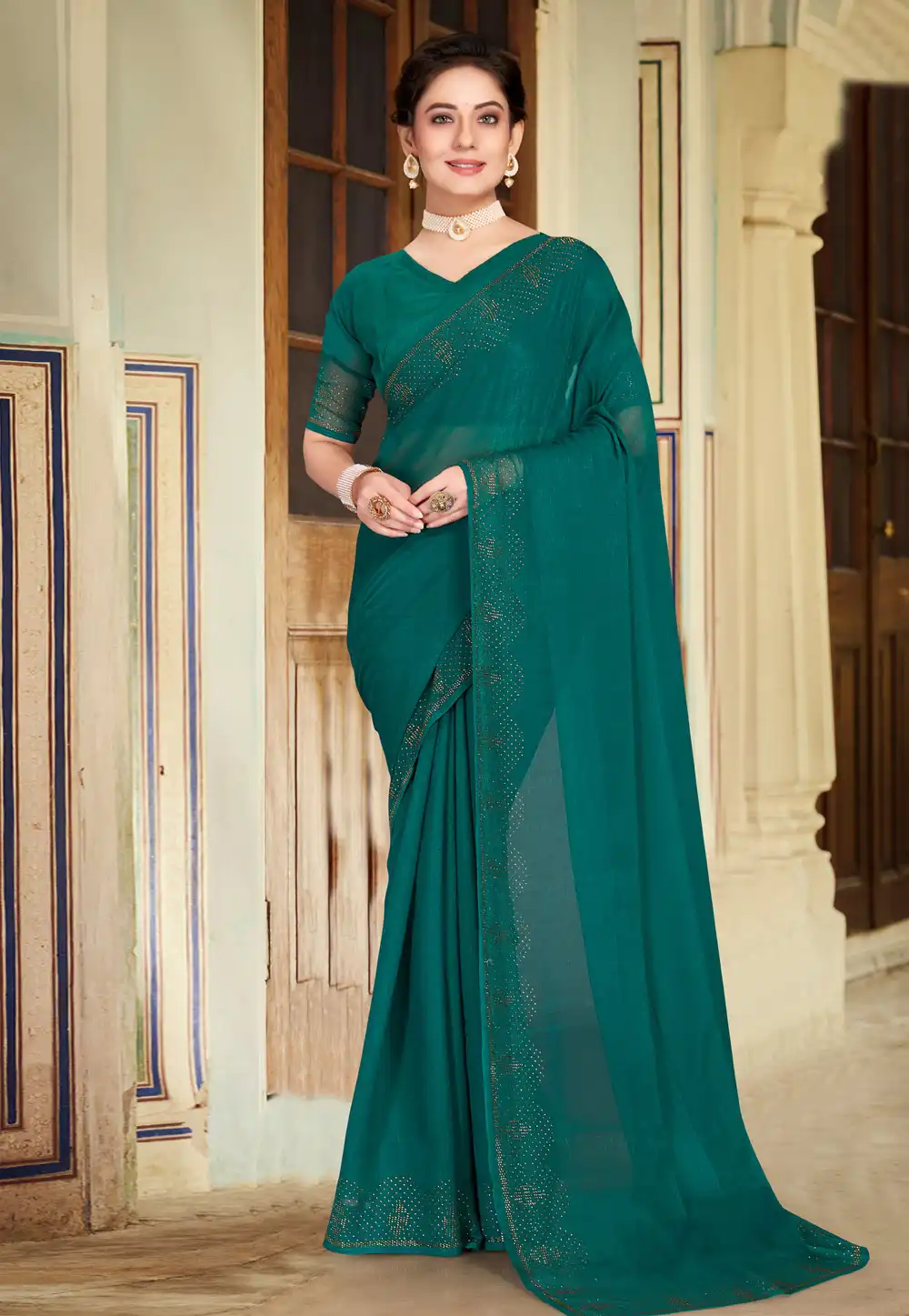 Sea Green Shimmer Chiffon Saree With Blouse 250887