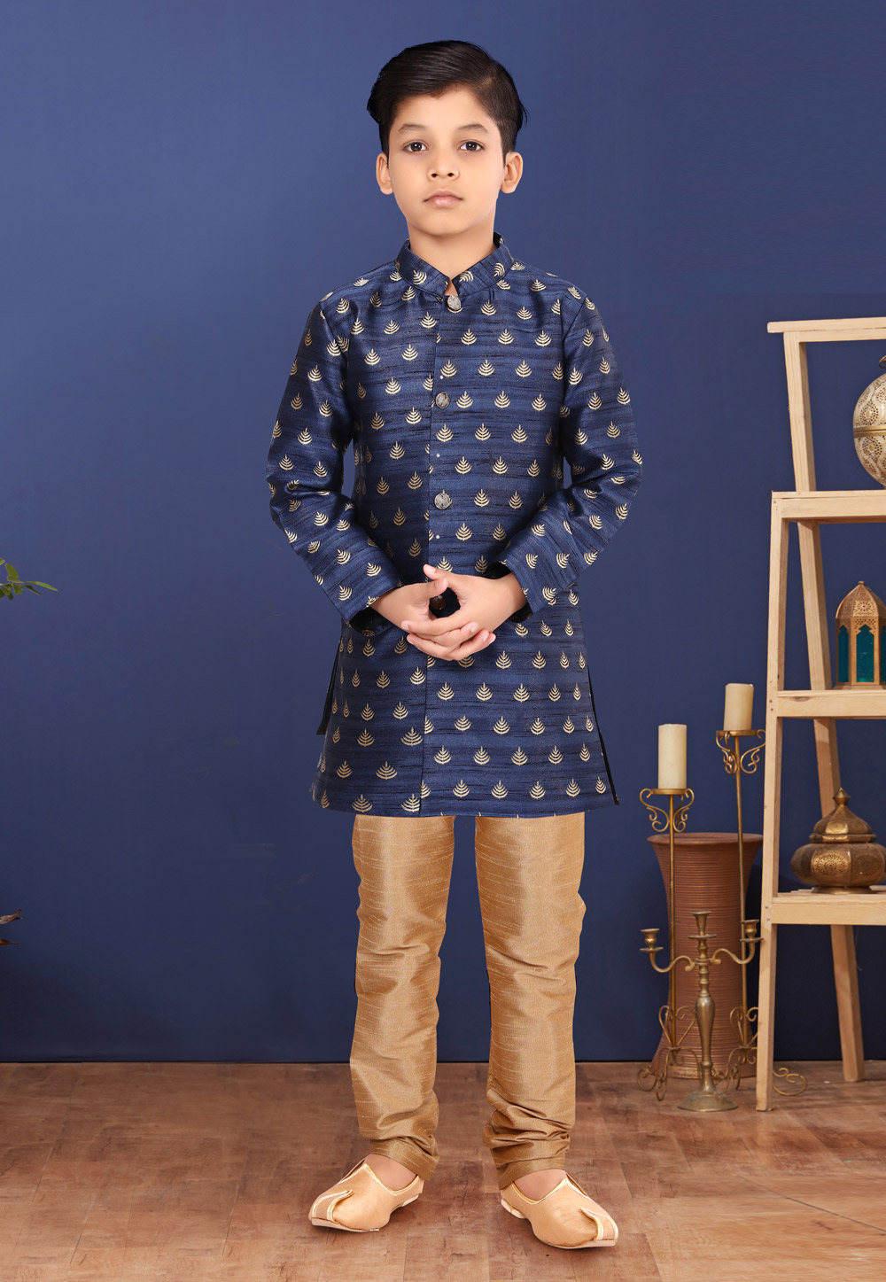 Navy Blue Jacquard Silk Kids Indo Western Suit 271561