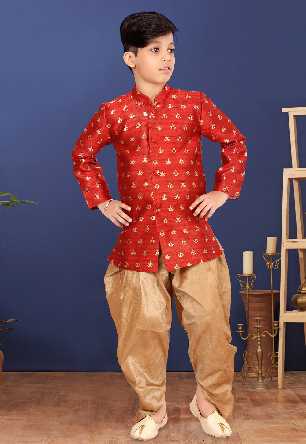 Red Jacquard Silk Kids Indo Western Suit 271562