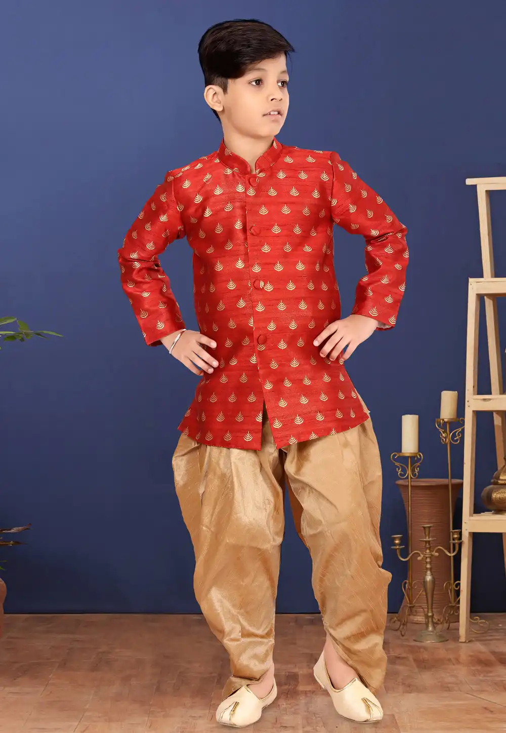 Red Jacquard Silk Kids Indo Western Suit 271562