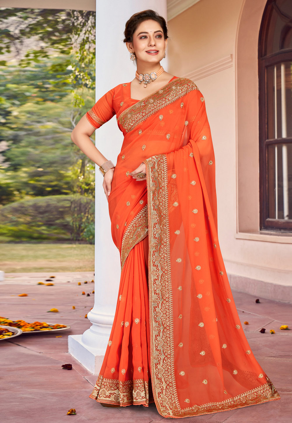 Orange Georgette Saree With Blouse 251104
