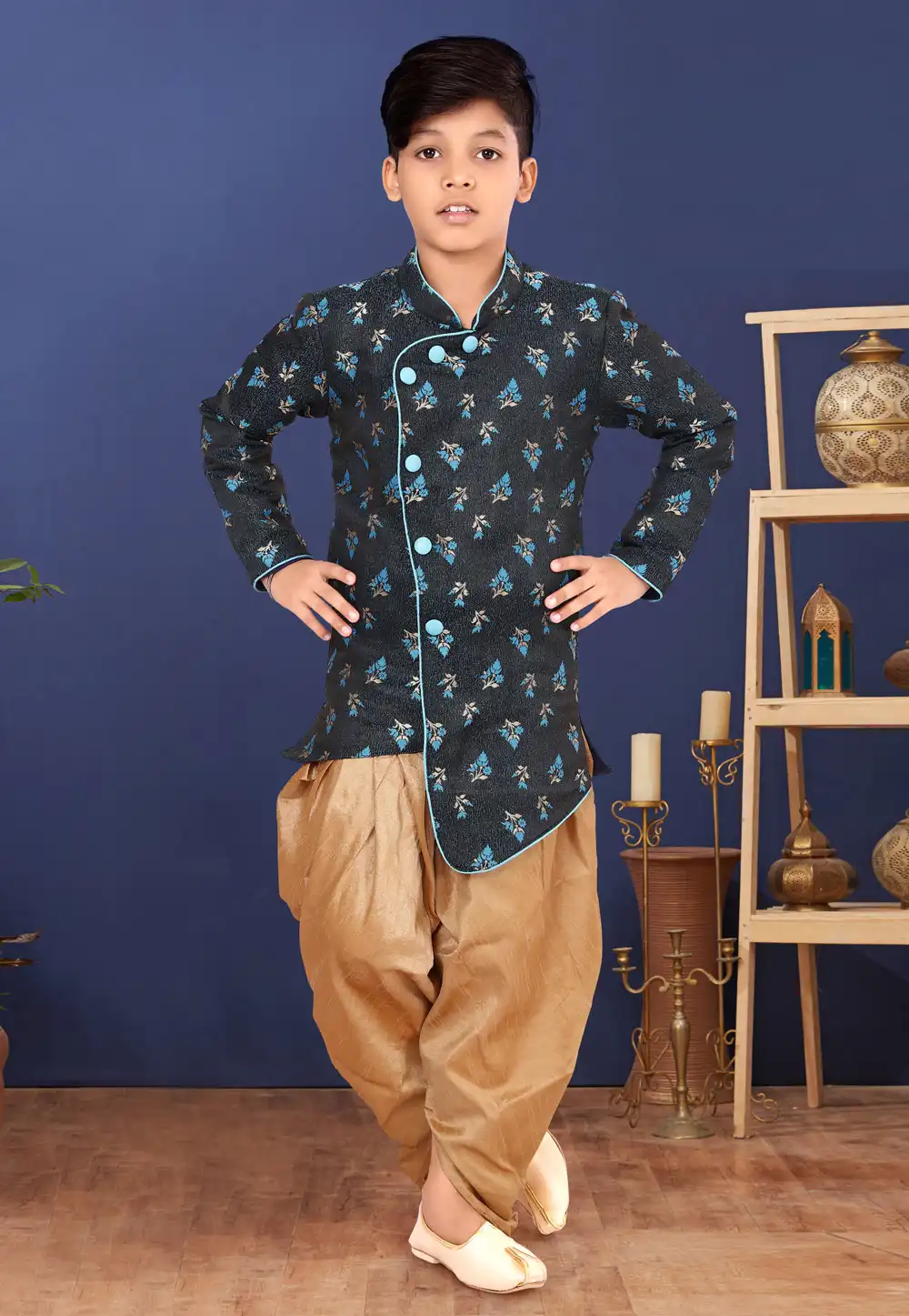 Black Jacquard Silk Kids Indo Western Suit 271563