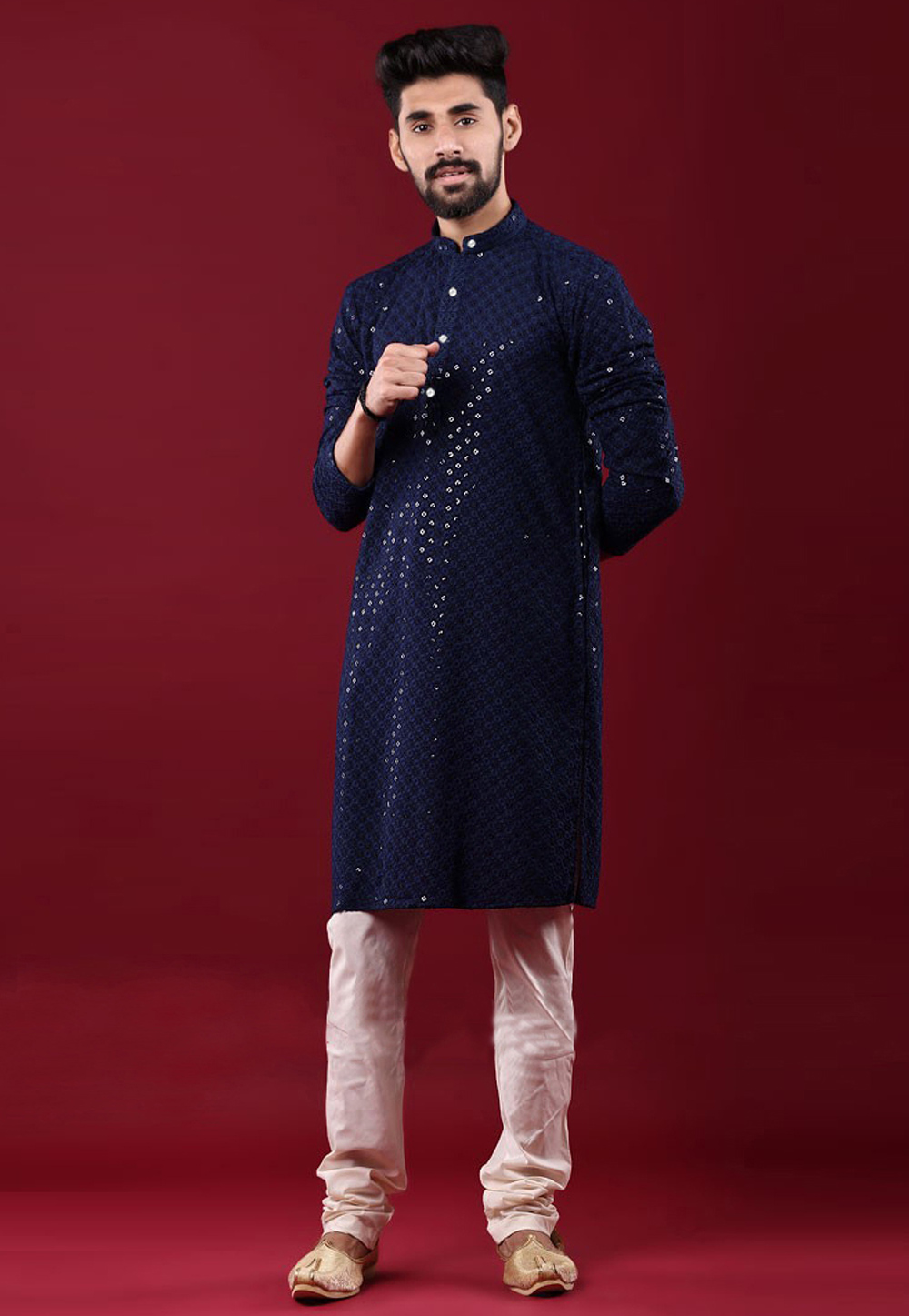 Navy Blue Jamevaram Vest Coat with Kurta Pajama D NO SK-112 main image 0