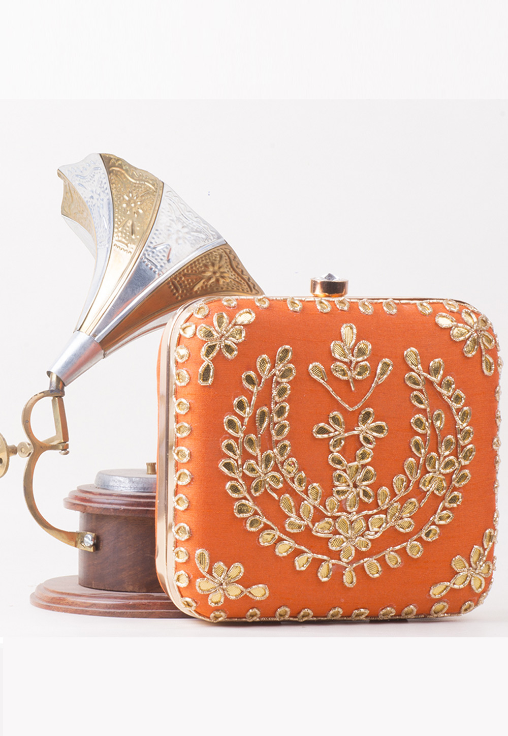 Orange Synthetic Embroidered Clutch 172763
