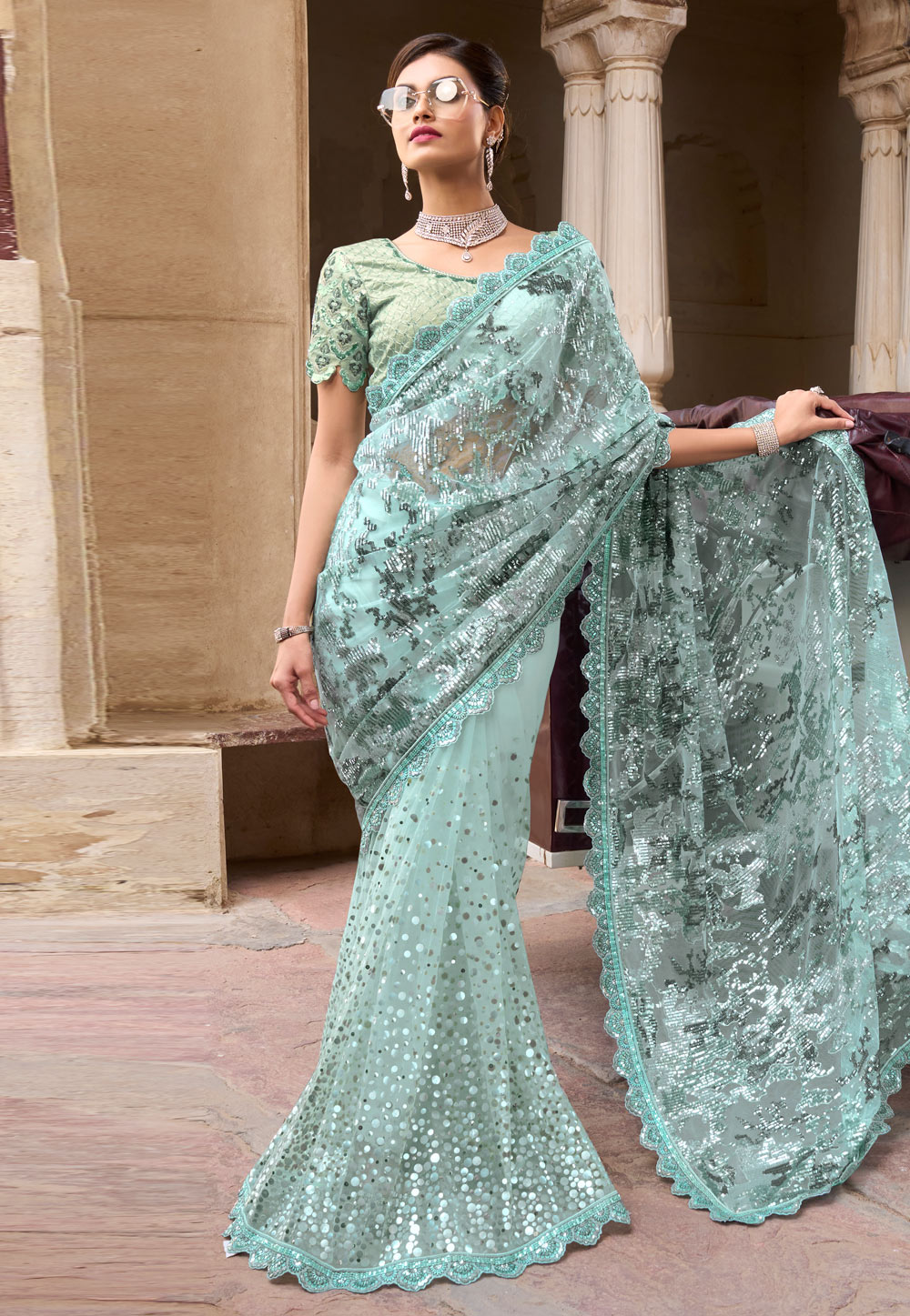 Pista Green Net Sequence Saree 254727