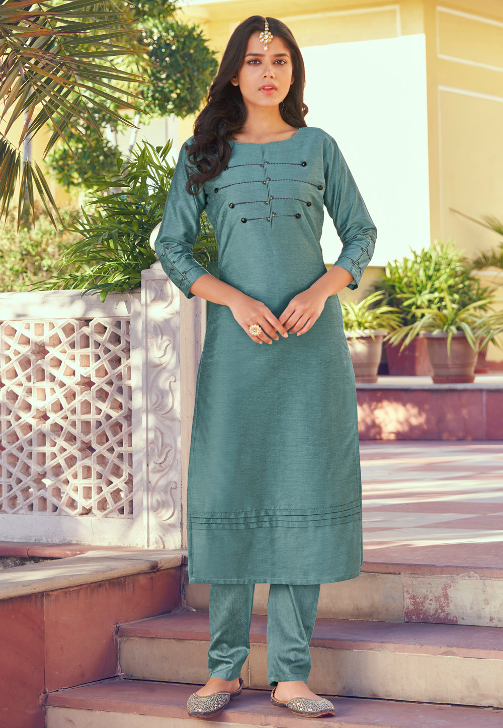 Sea Green Silk Kurta Set With Pant 245865