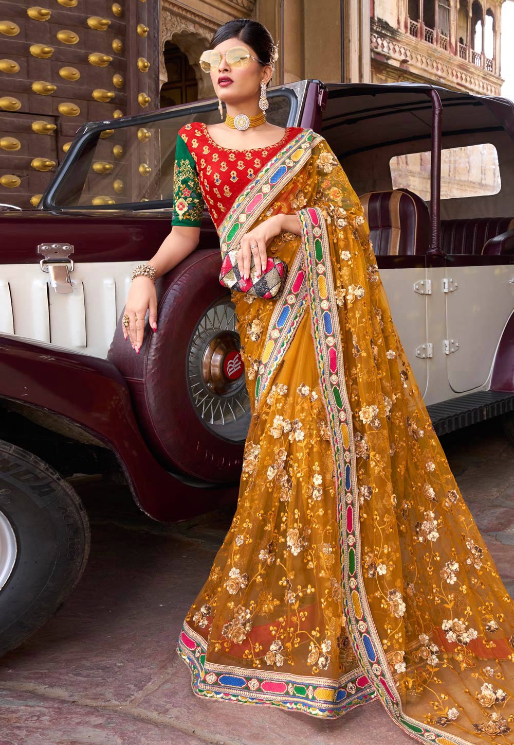 Orange Net Saree With Blouse 254732