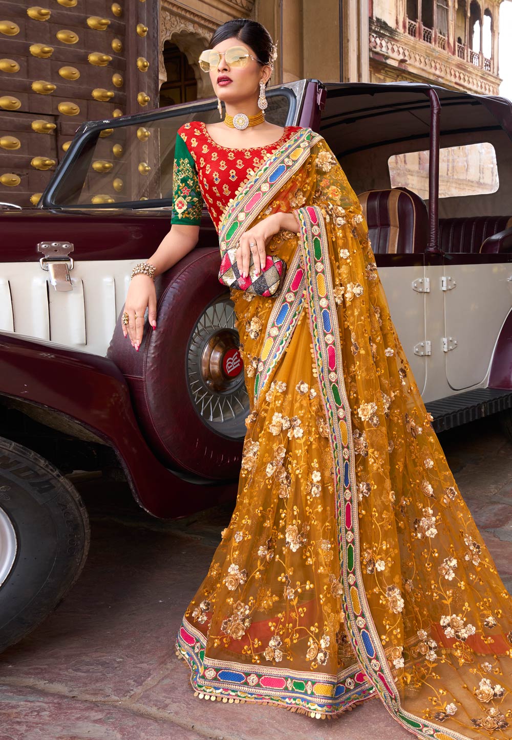 Orange Net Saree With Blouse 254732