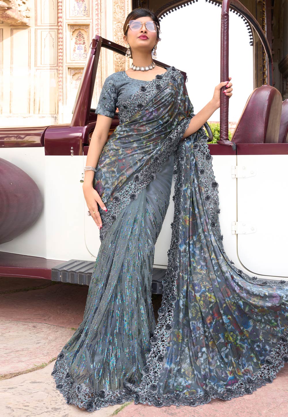 Grey Net Sequence Saree 254733