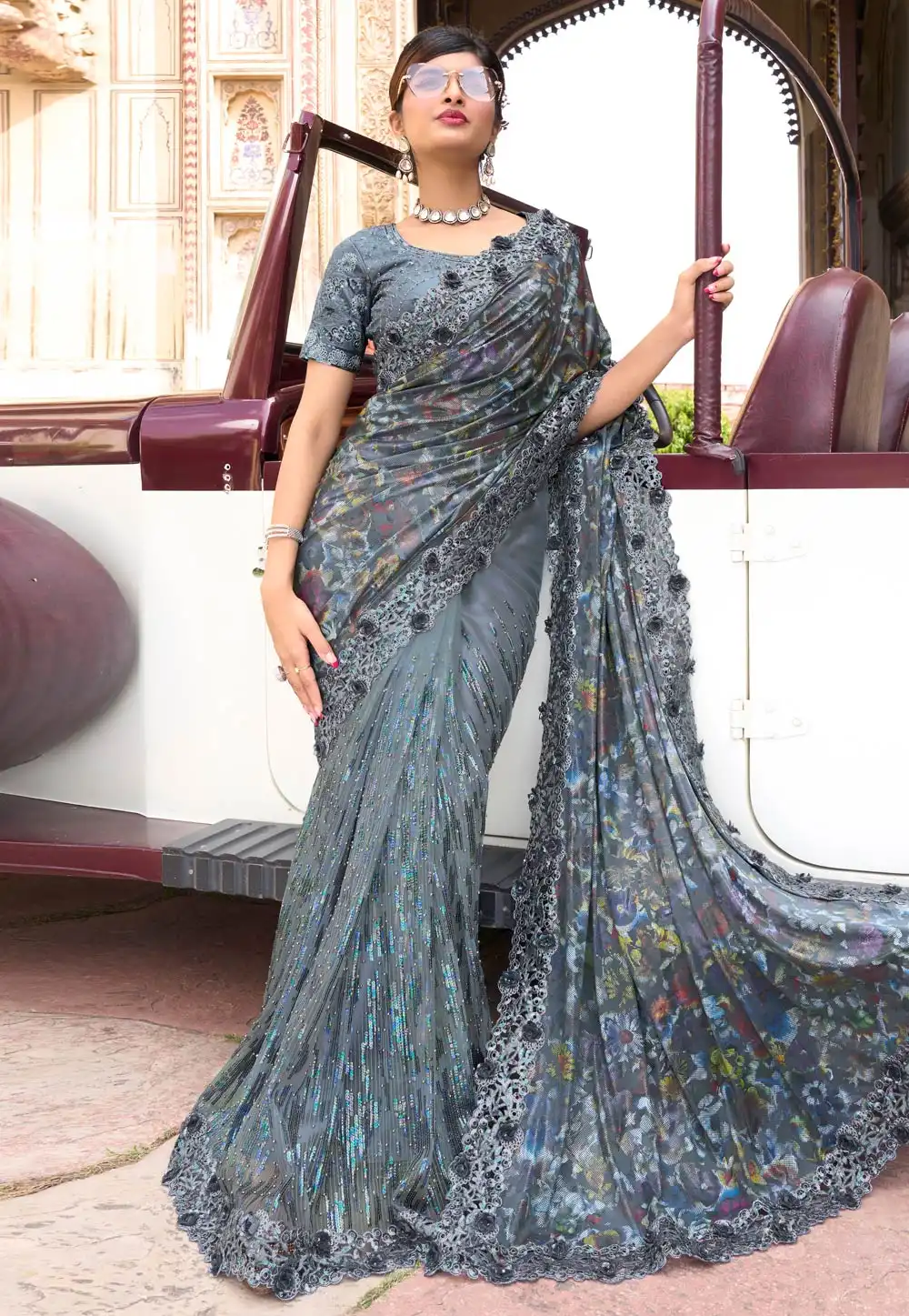 Grey Net Sequence Saree 254733