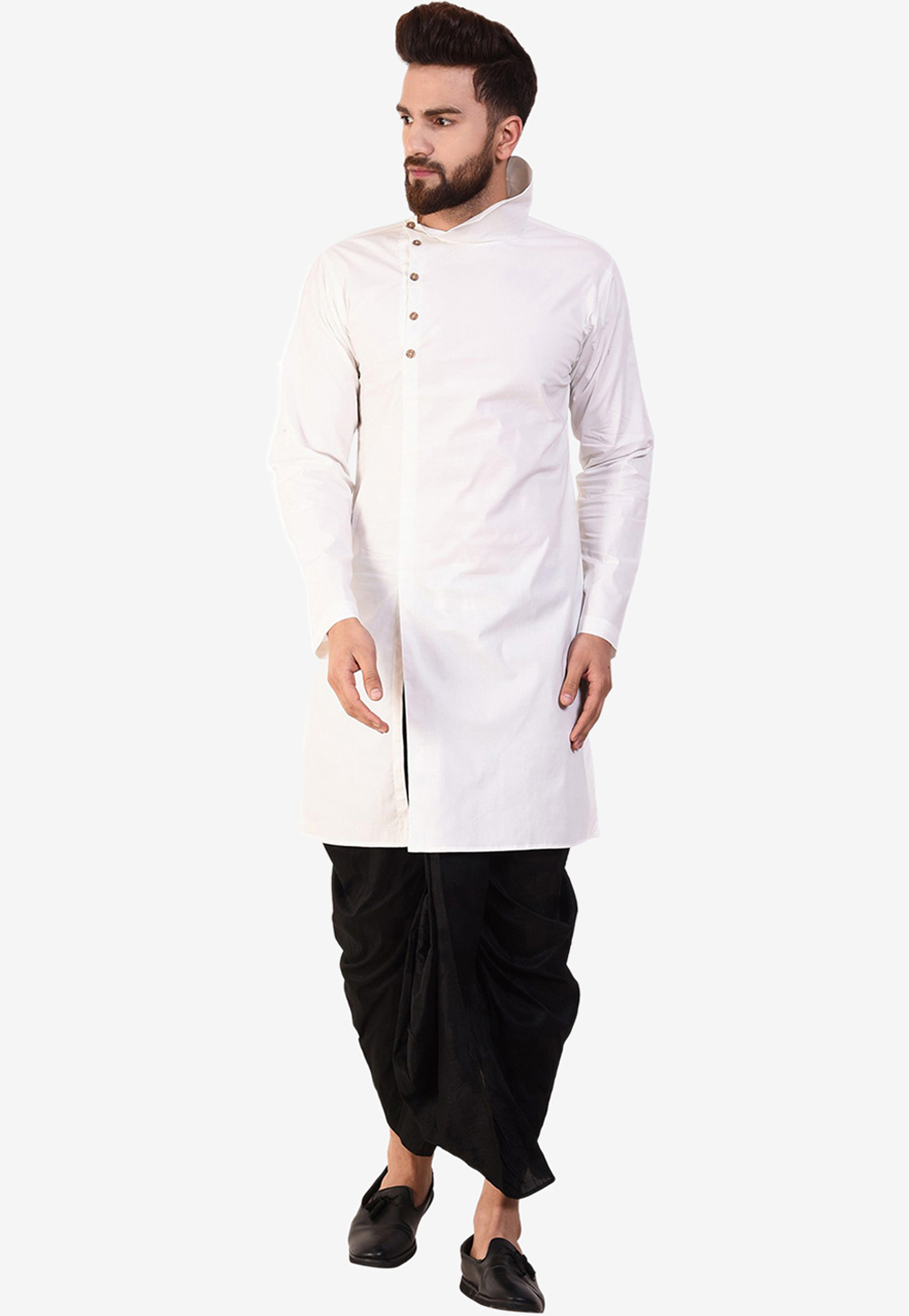 White Cotton Readymade Dhoti Kurta 196292