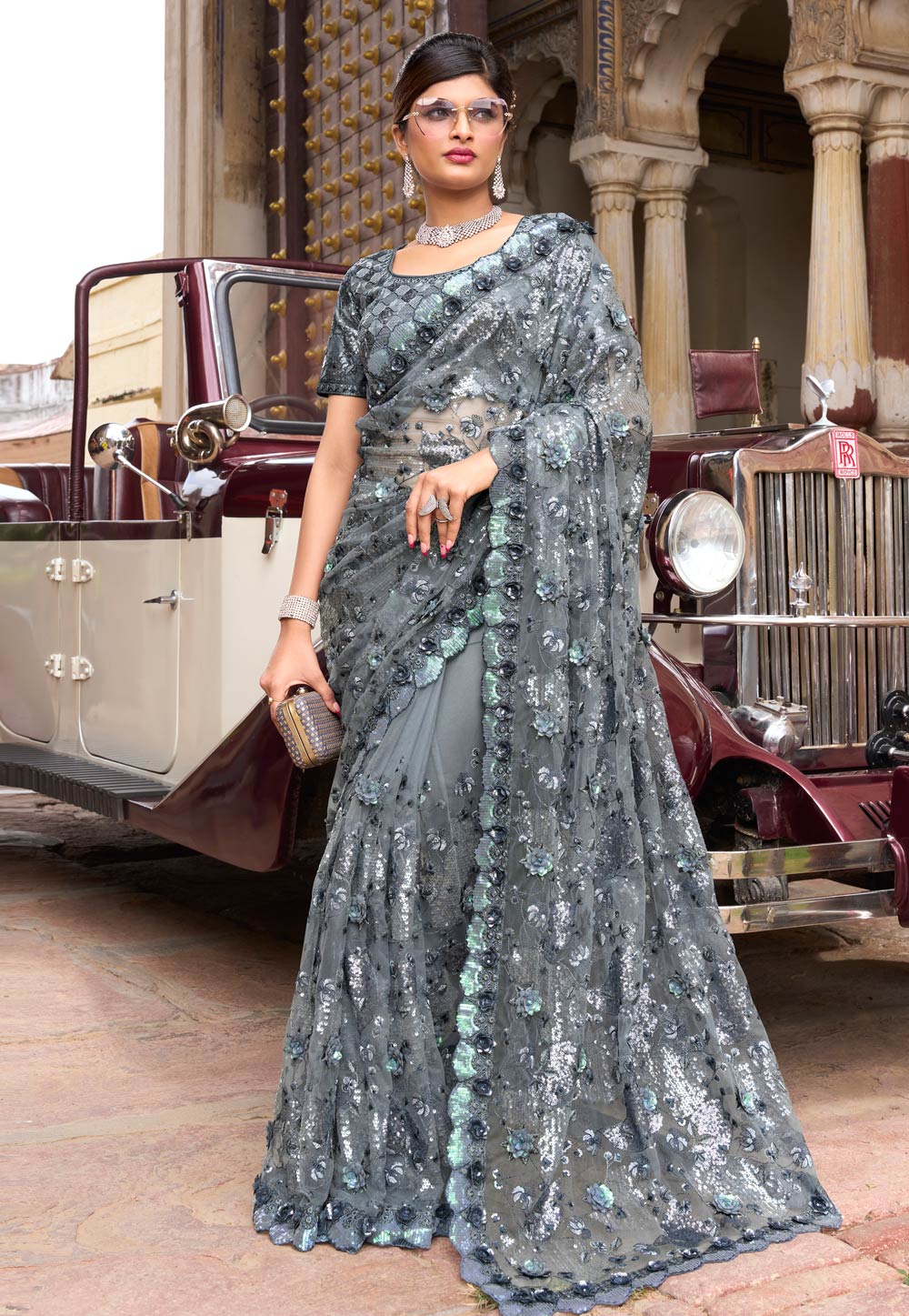 Grey Net Saree With Blouse 254736