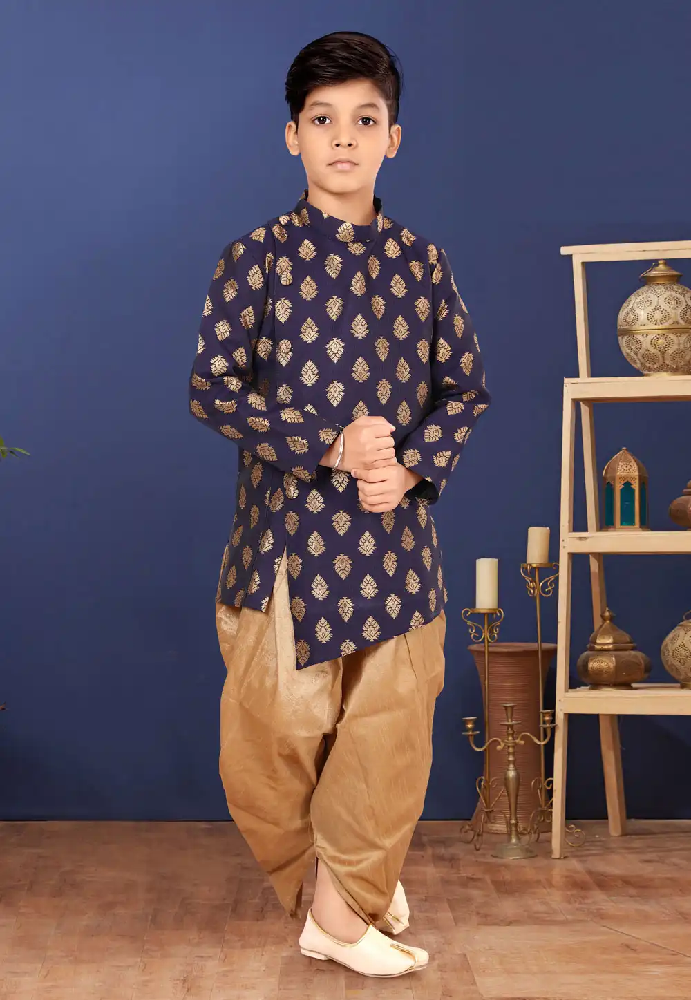 Navy Blue Jacquard Silk Kids Indo Western Suit 271565