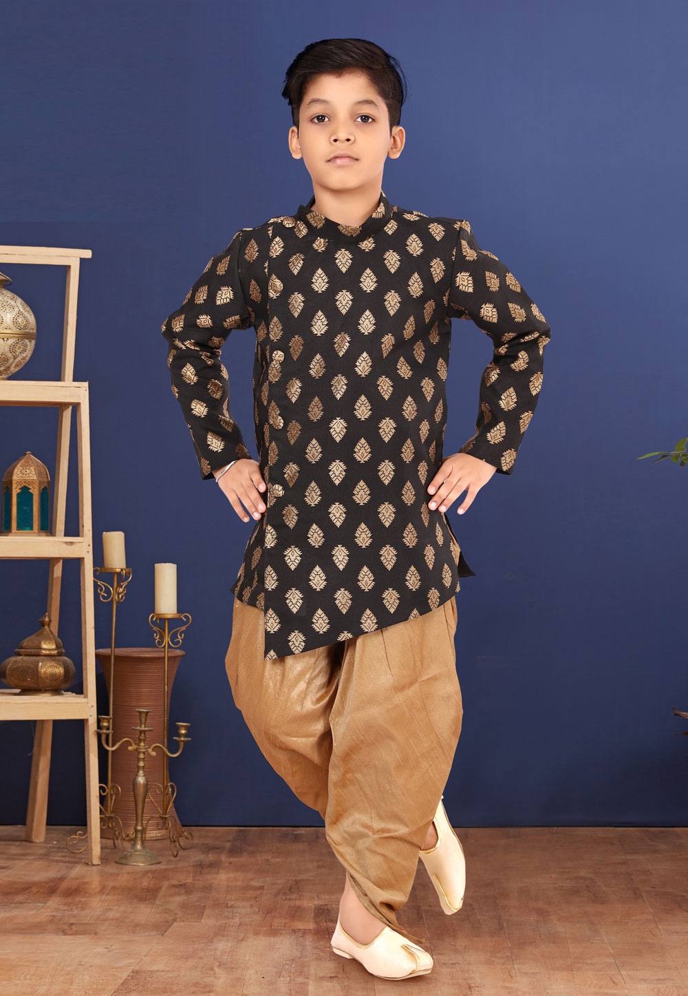 Black Jacquard Silk Kids Indo Western Suit 271566