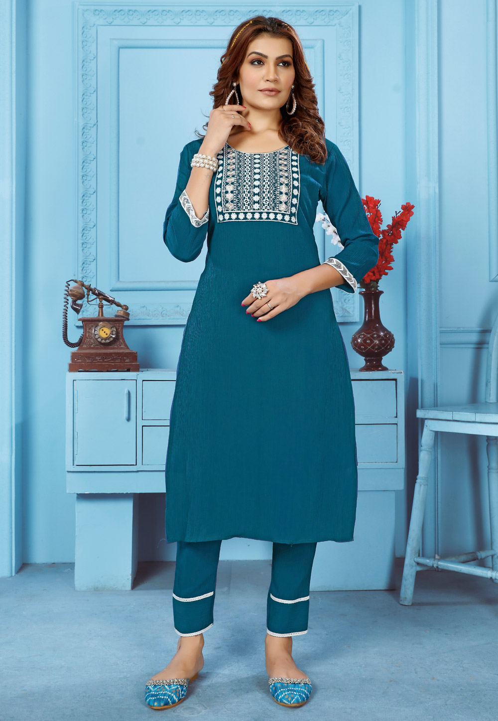 Teal Cotton Kurta Set With Pent 275535