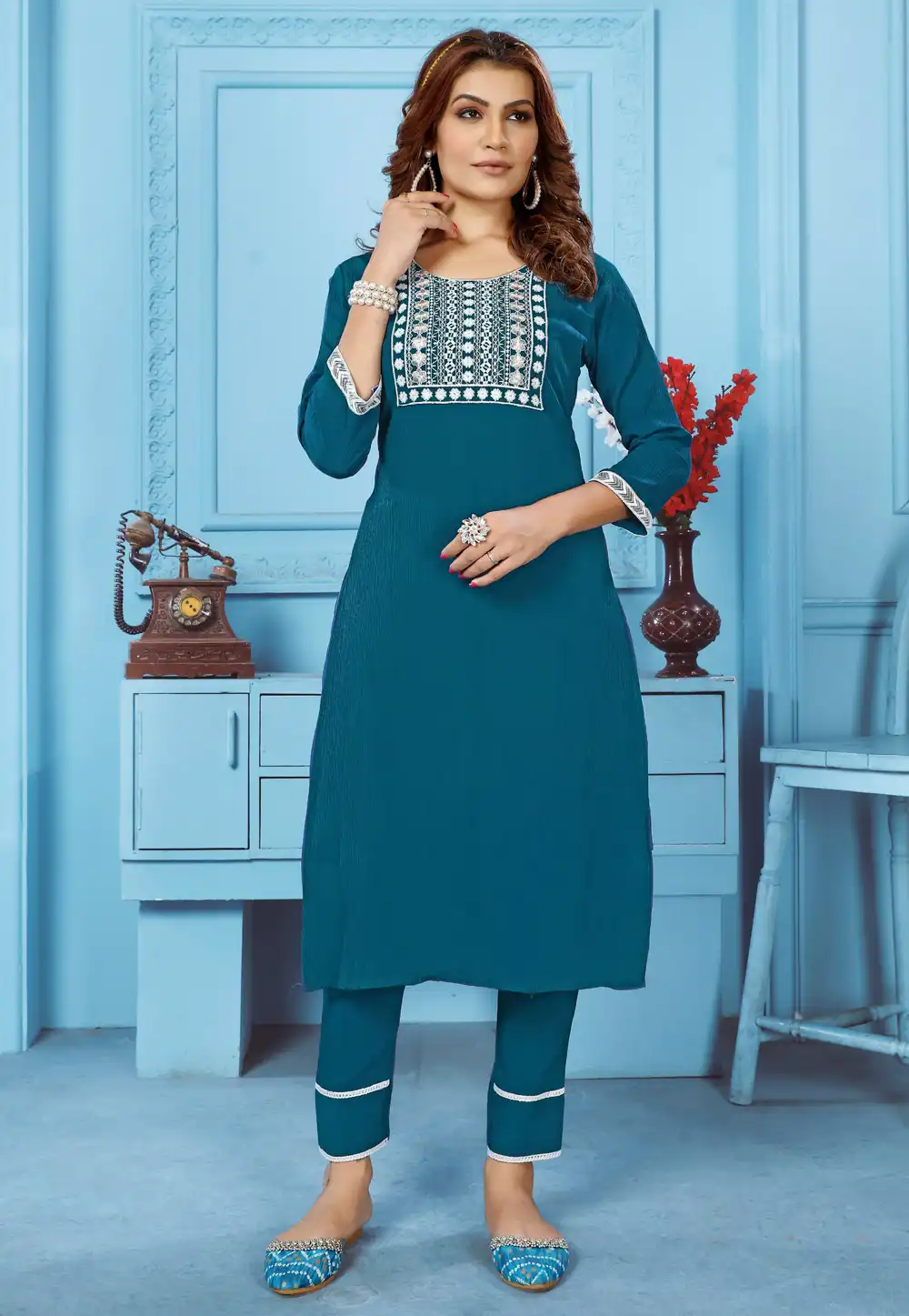 Teal Cotton Kurta Set With Pant 275535