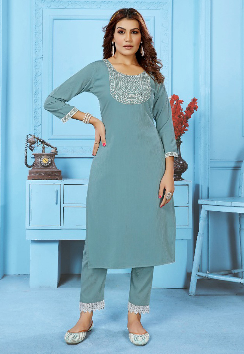 Sky Blue Cotton Kurta Set With Pent 275135