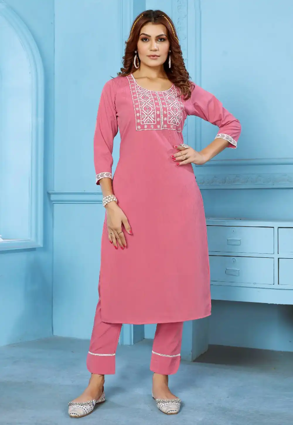 Pink Cotton Kurta Set With Pant 275136