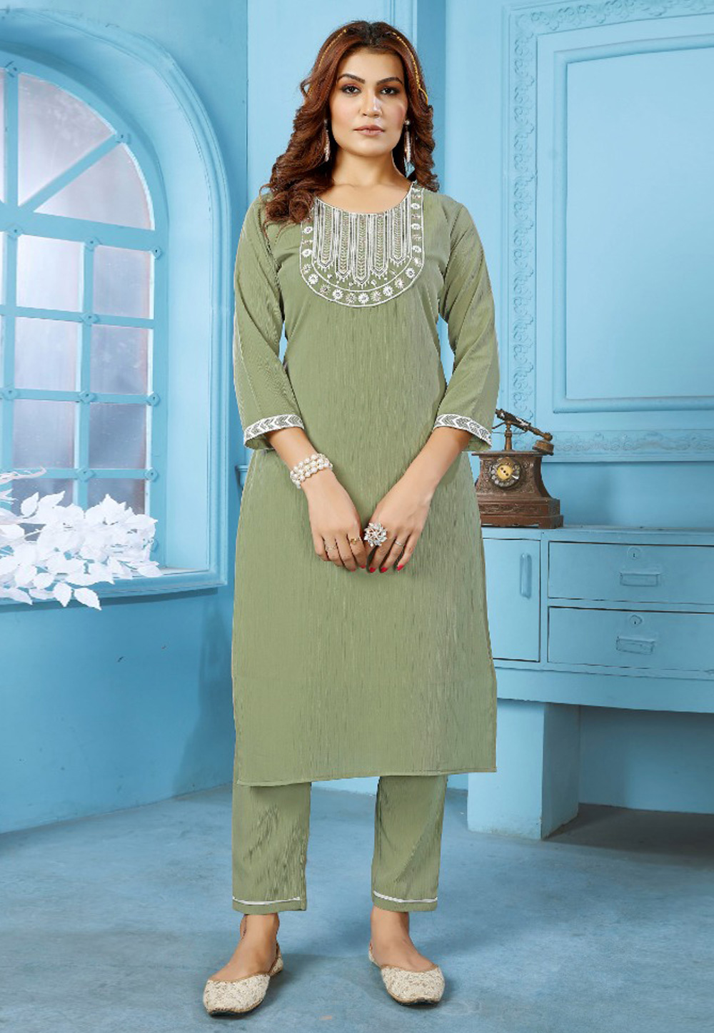 Mehndi Cotton Kurta Set With Pent 275137