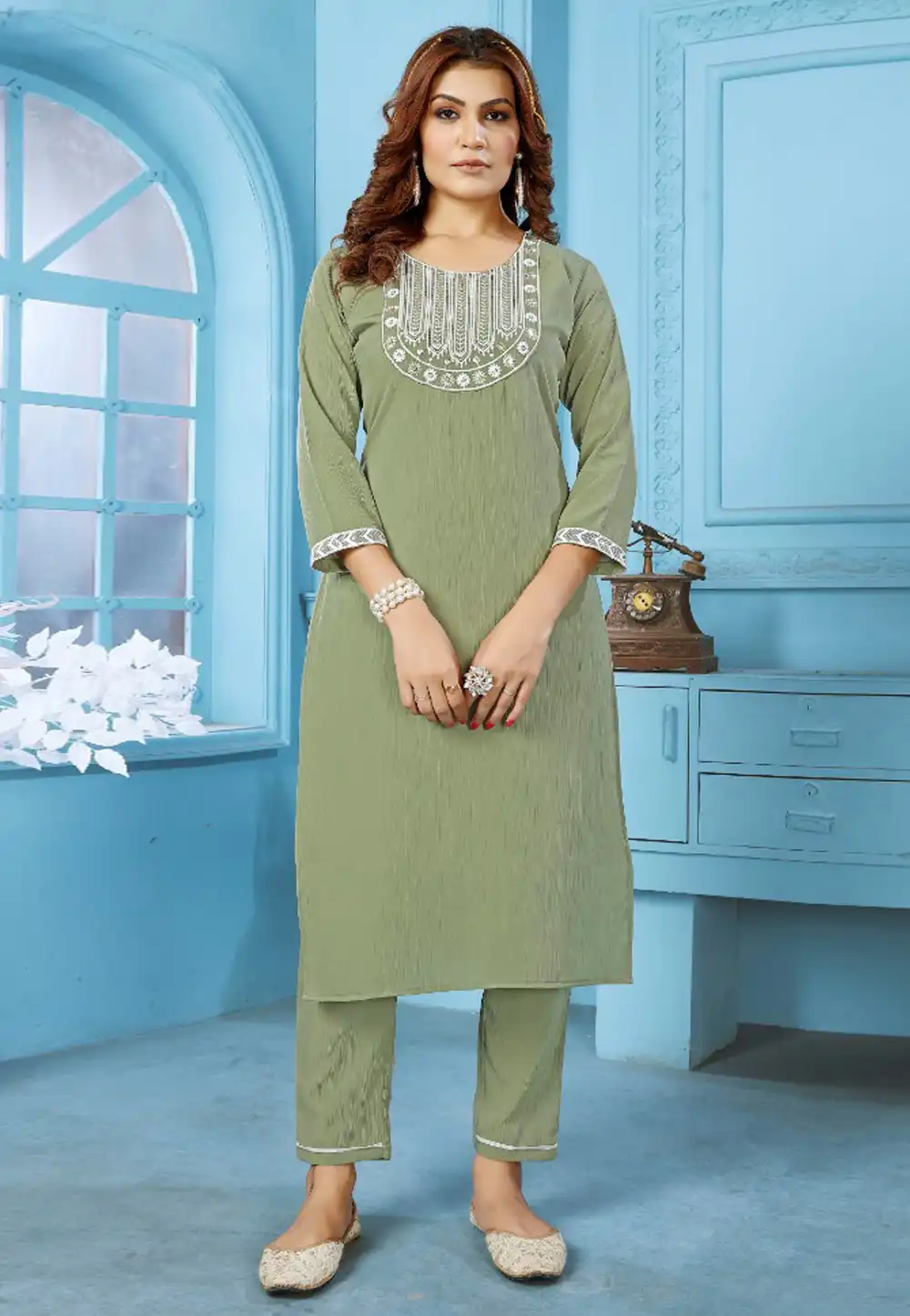 Mehndi Cotton Kurta Set With Pant 275137