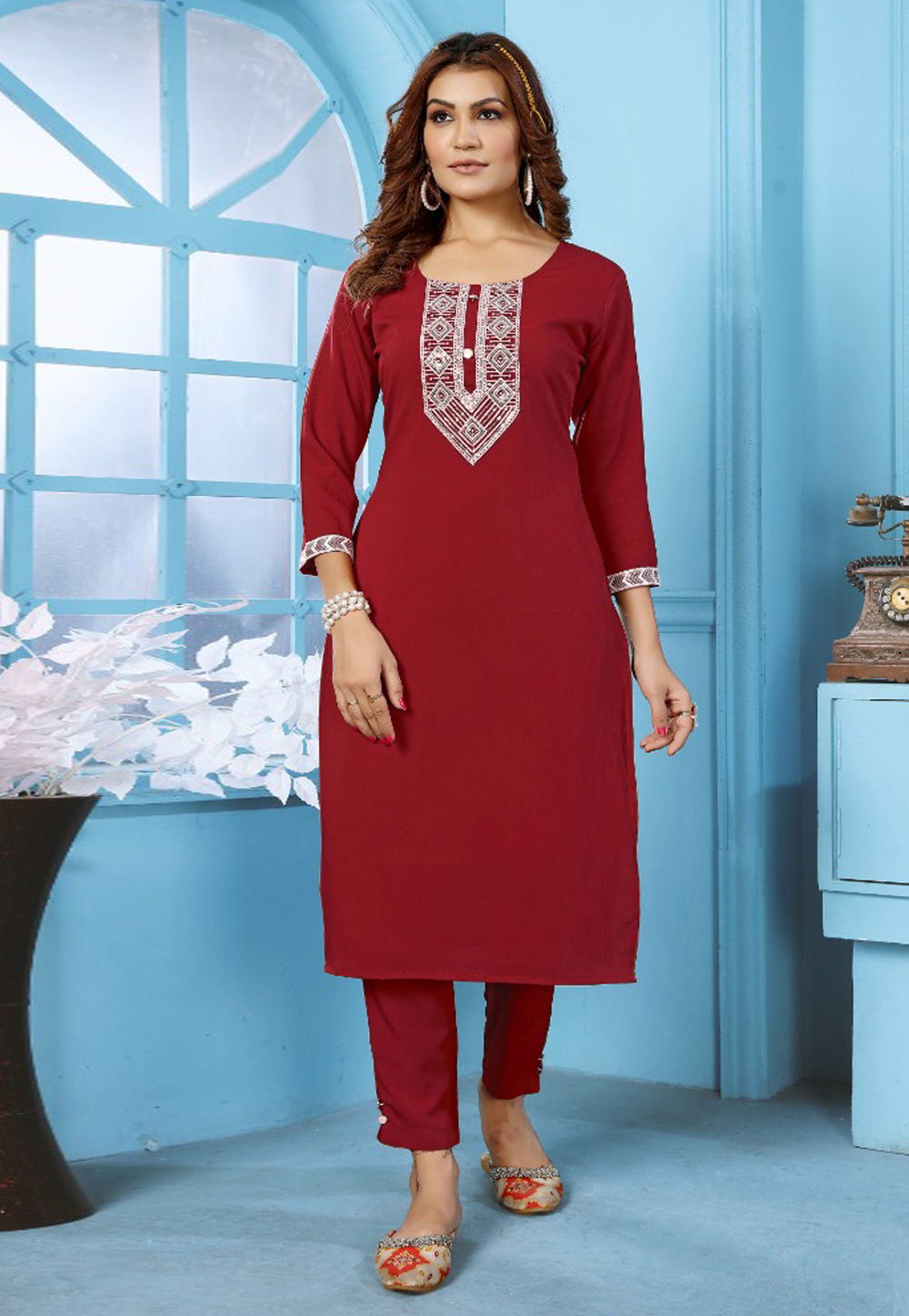 Maroon Cotton Kurta Set With Pent 275138
