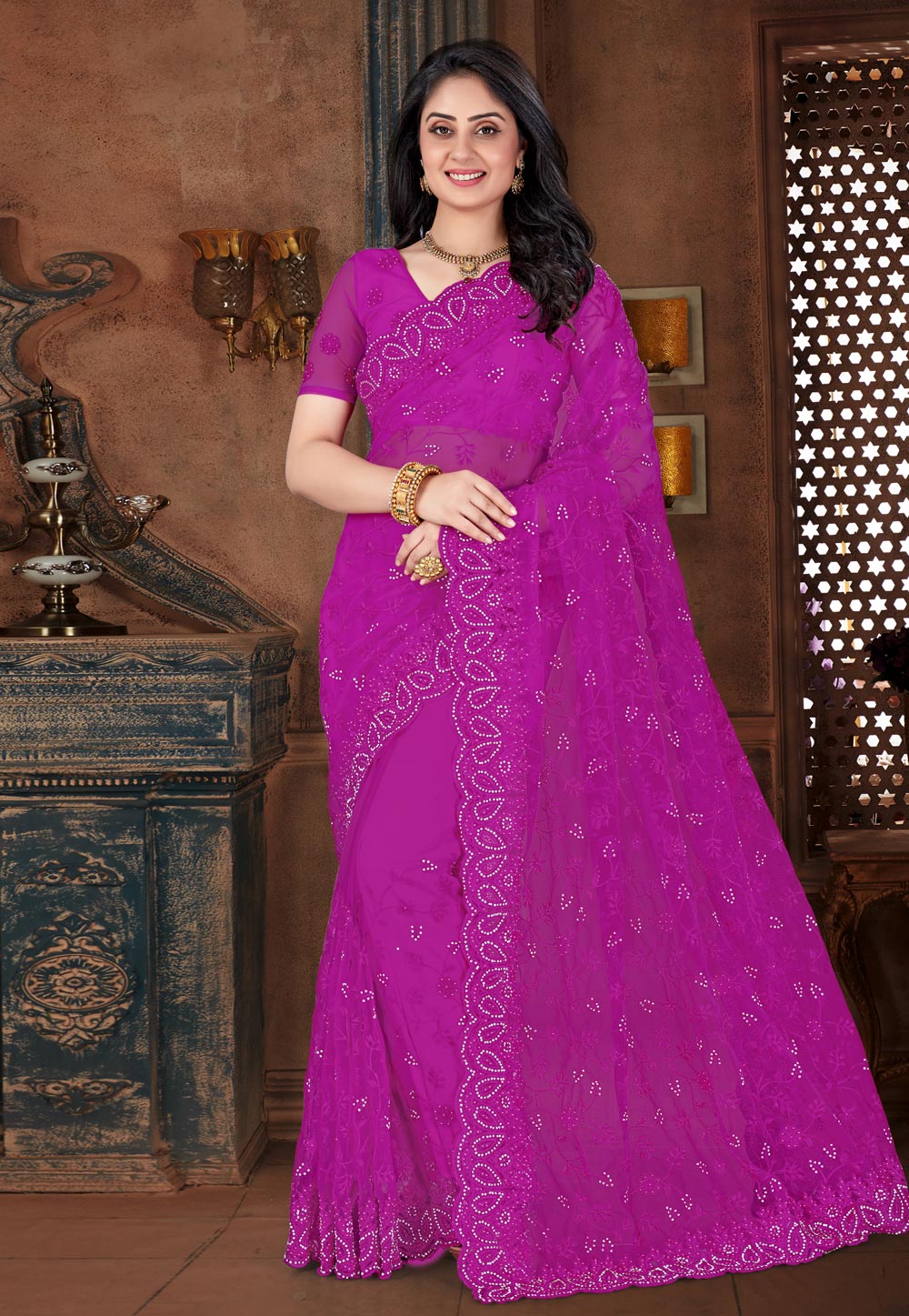 Magenta Net Festival Wear Saree 207737