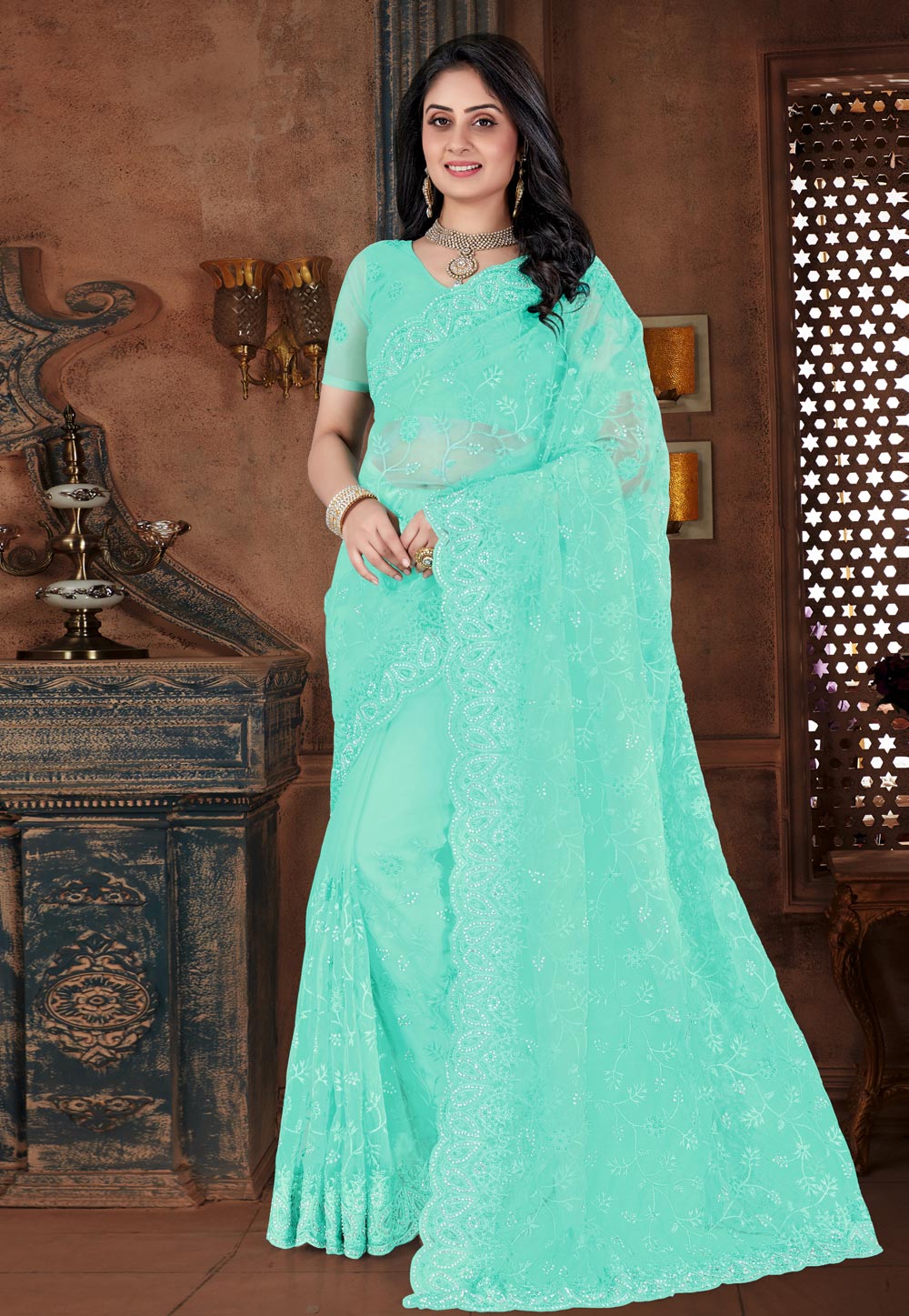 Aqua Net Saree With Blouse 207738