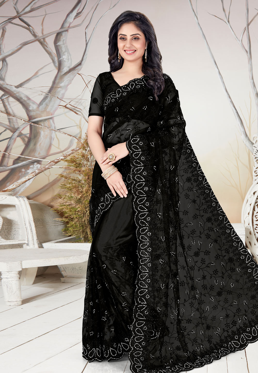 Black Net Festival Wear Saree 207739