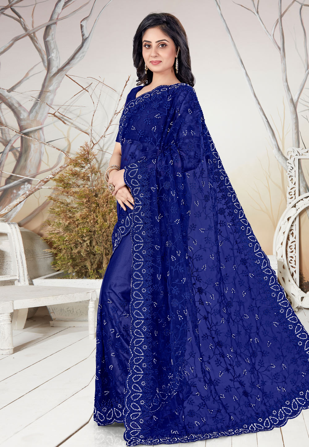 Blue Net Festival Wear Saree 207741