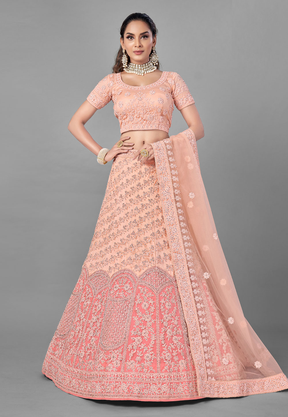 Peach Embroidered Net Lehenga Choli 224287
