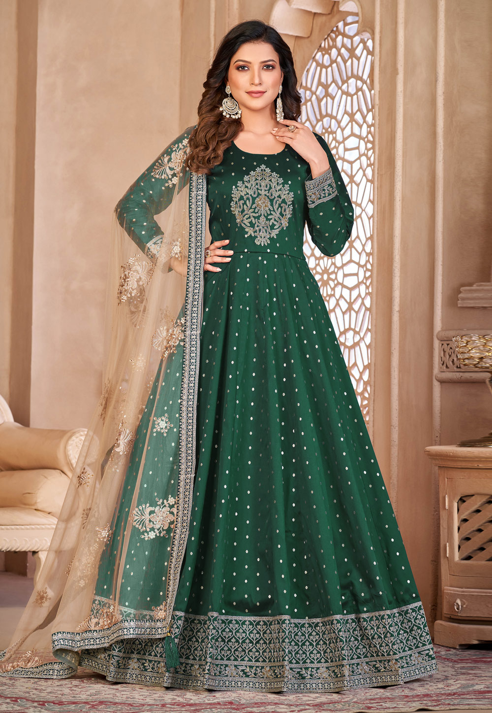 Green Taffeta Long Anarkali Suit 270585