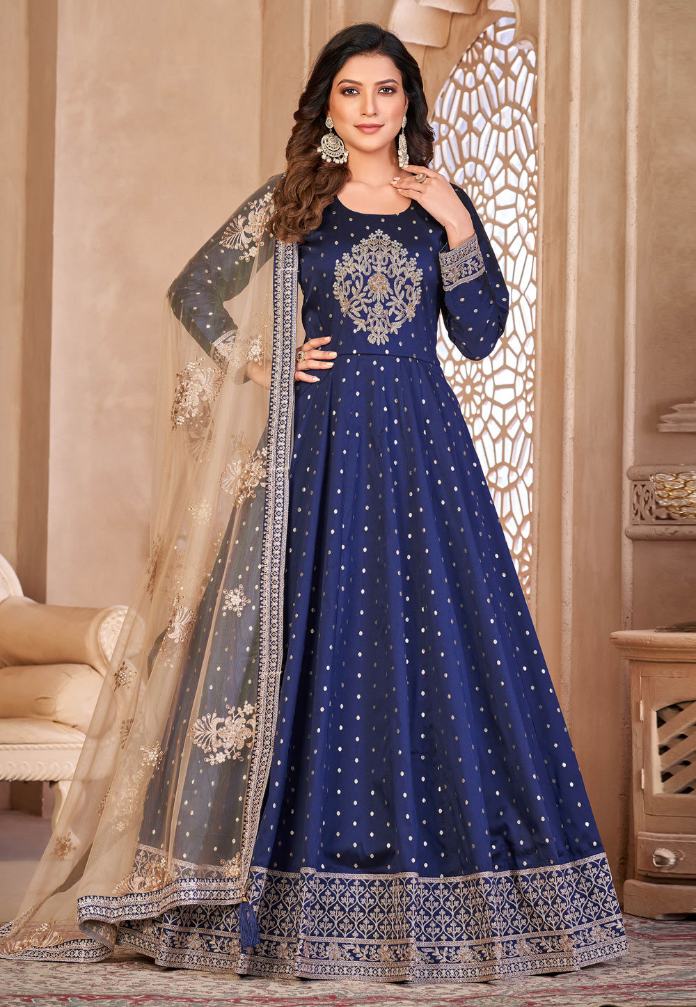 Navy Blue Taffeta Long Anarkali Suit 270587