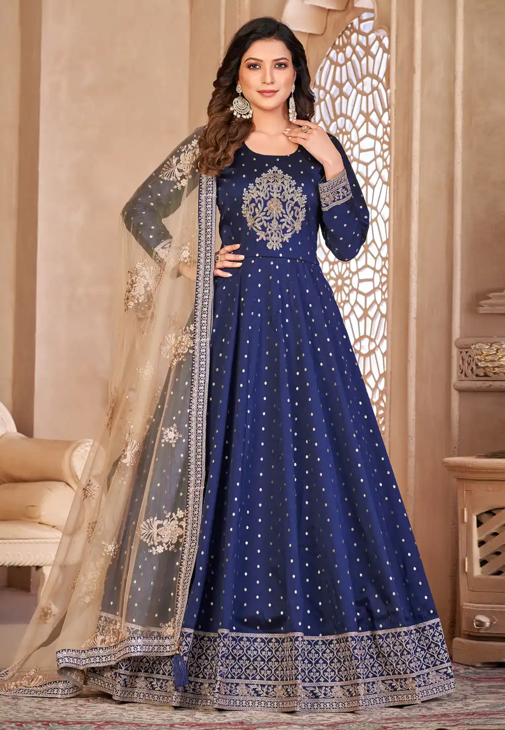Navy Blue Taffeta Long Anarkali Suit 270587