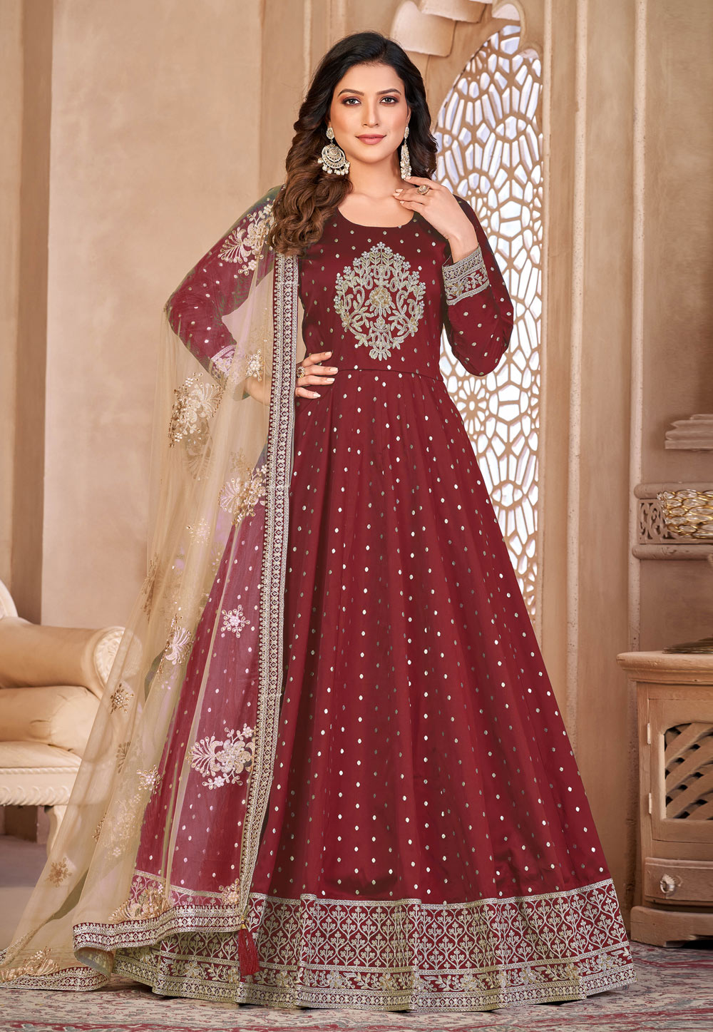 Maroon Taffeta Abaya Style Anarkali Suit 270588
