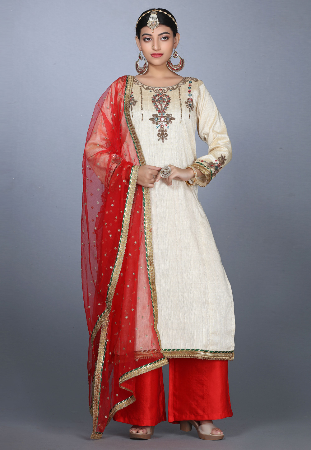 Off White Art Silk Handwork Palazzo Suit 240149