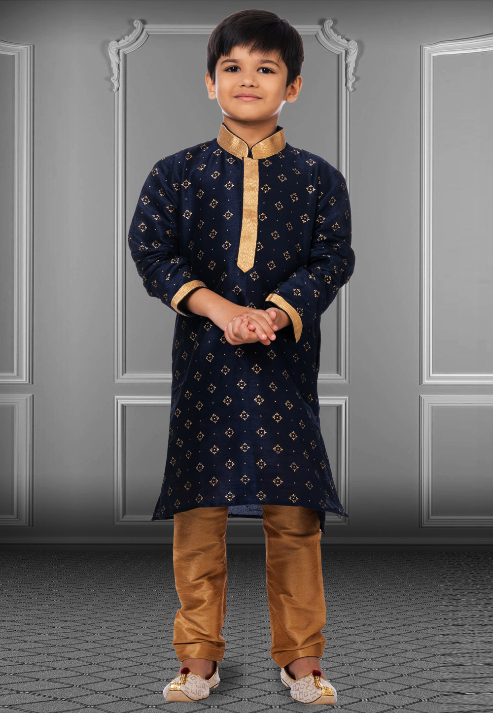 Navy Blue Dupion Silk Readymade Kids Kurta Pajama 250386