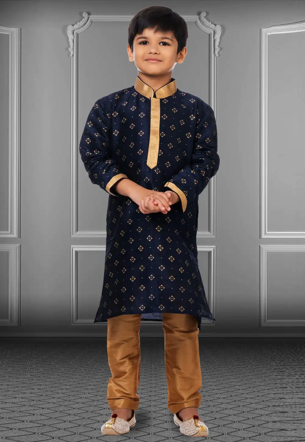 Navy Blue Dupion Silk Readymade Kids Kurta Pajama 250386