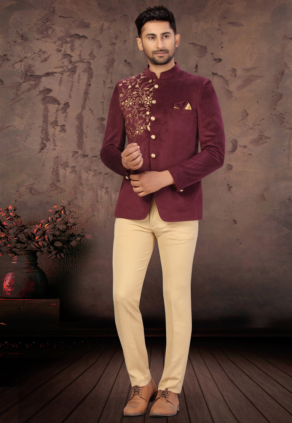 Wine Velvet Jodhpuri Suit 231095
