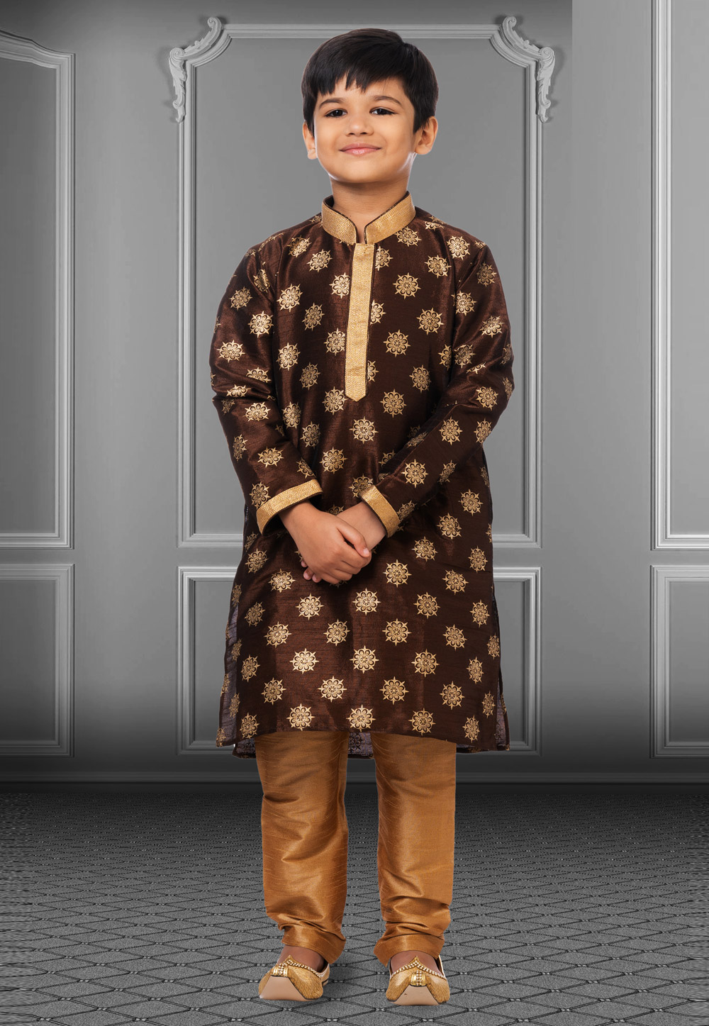 Brown Dupion Silk Readymade Kids Kurta Pajama 250387