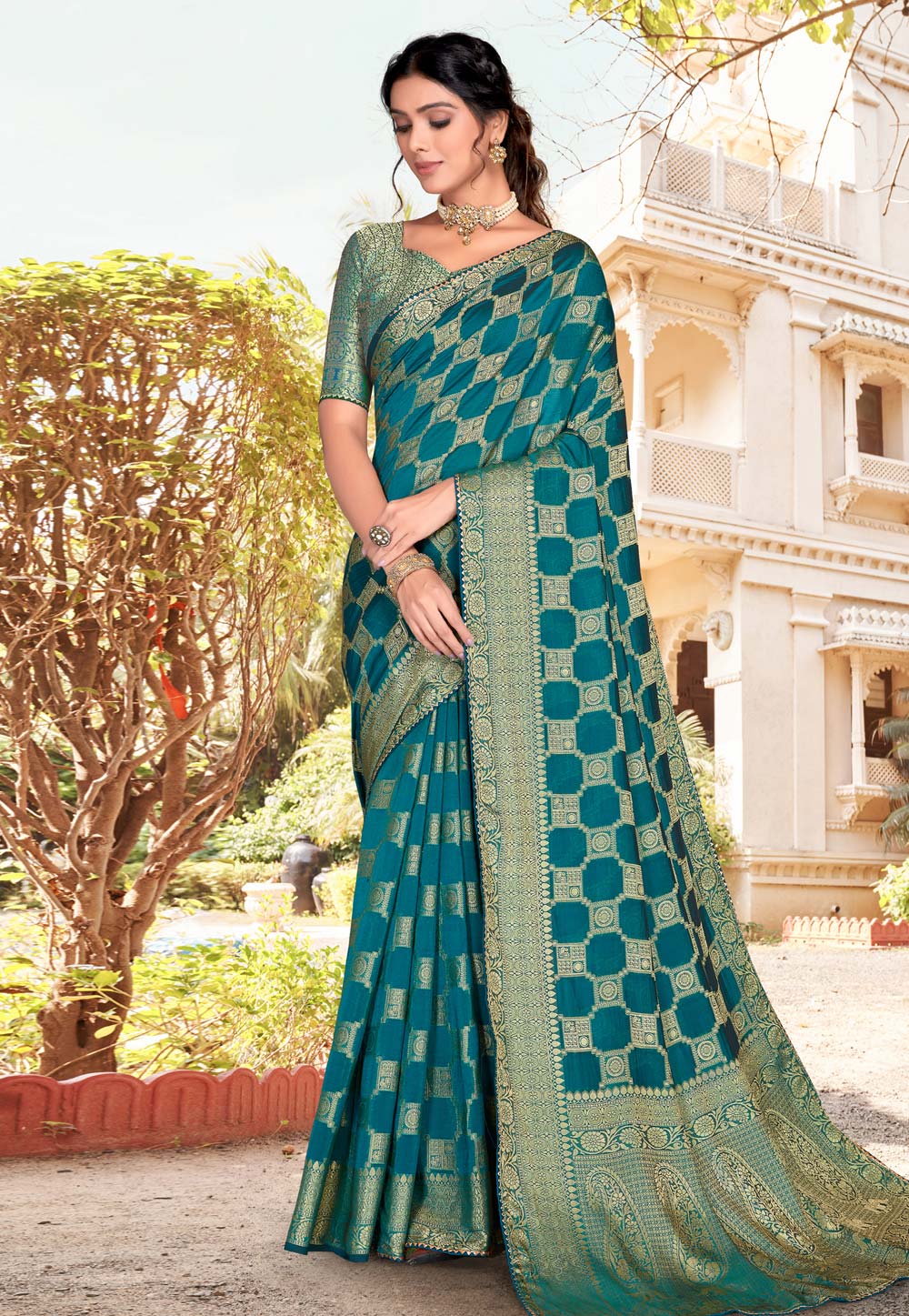 Teal Soft Silk Saree With Blouse 252673