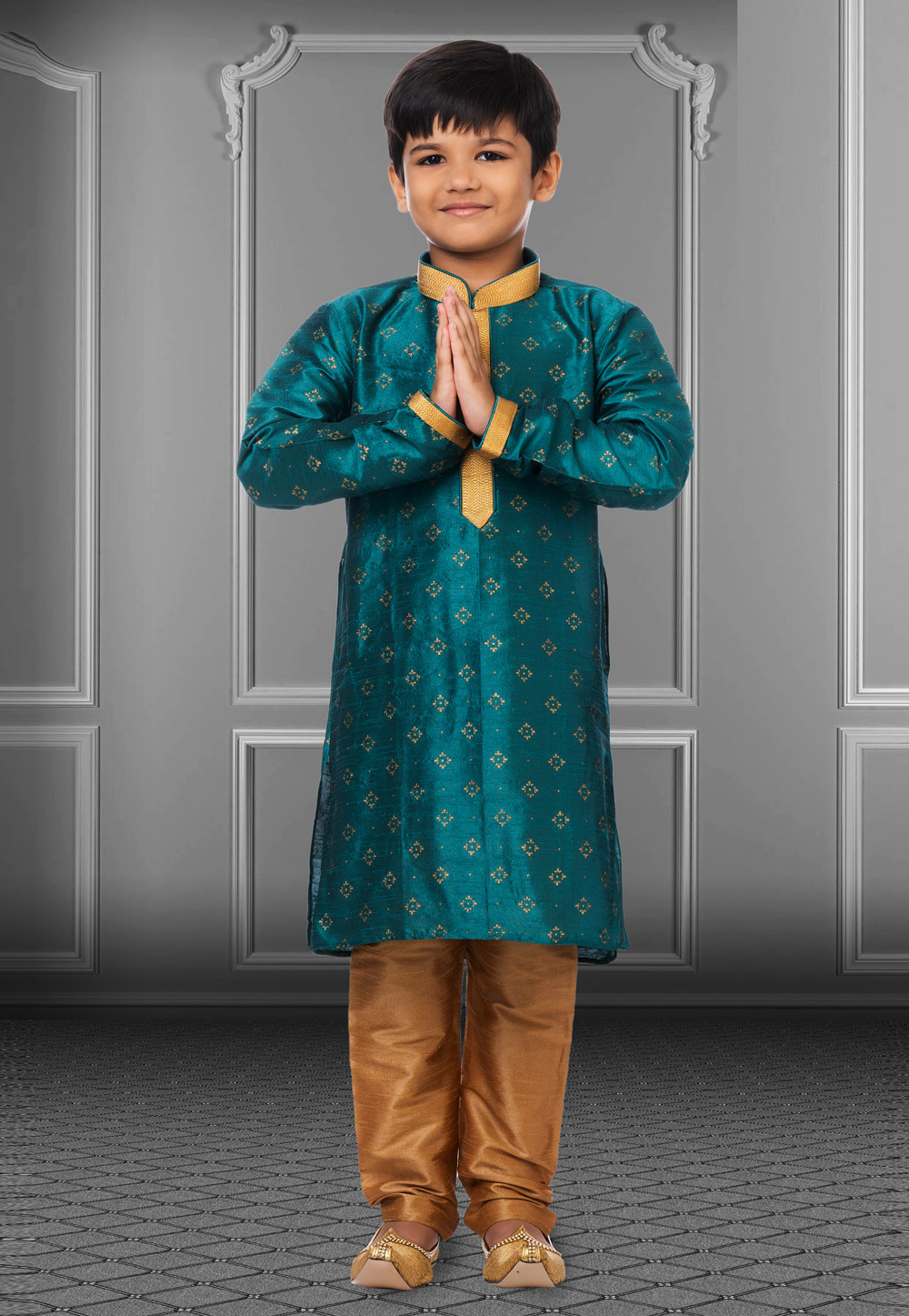 Teal Dupion Silk Readymade Kids Kurta Pajama 250388