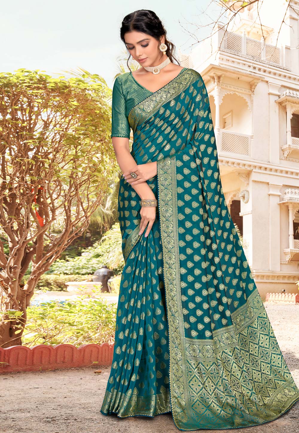 Teal Soft Silk Saree With Blouse 252681