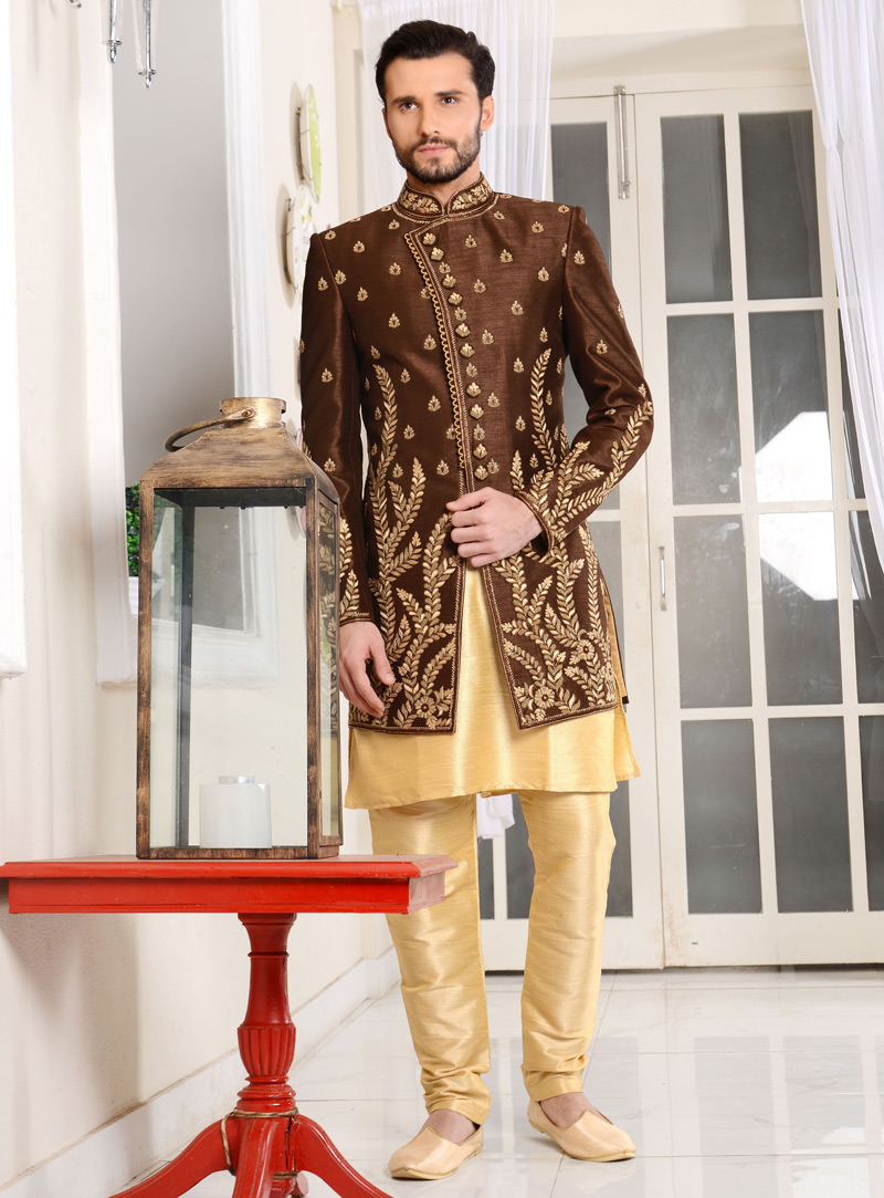 Brown Banarasi Silk Angrakha Style Sherwani 113974