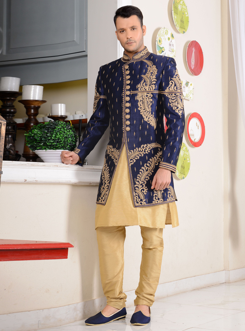 Navy Blue Banarasi Silk Angrakha Style Sherwani 113975