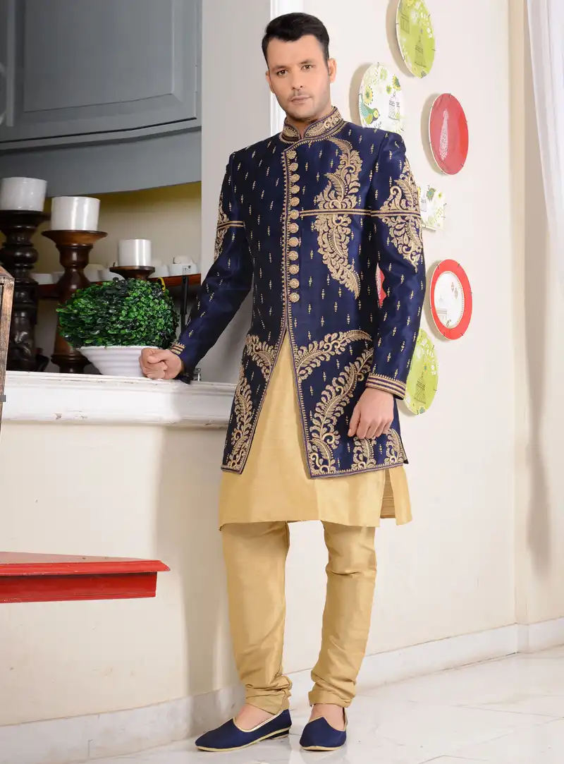 Navy Blue Banarasi Silk Angrakha Style Sherwani 113975